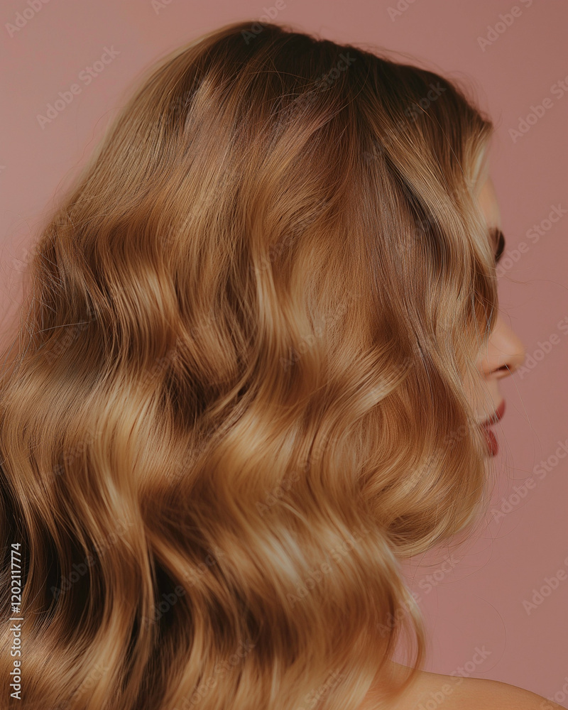 Naklejka premium Femme cheveux blonds châtains ondulés, ondulations vue de profil, vue de dos, coiffure, beauté, studio, naturel