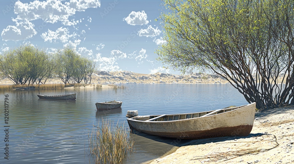 Desert oasis lake, boats, tranquil scene, calm water, travel poster Desert oasis lake, boats, tranquil scene, calm water, travel poster