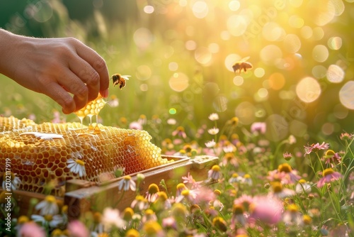 Harvesting Honeycomb From a Beehive in a FlowerFilled Meadow, Golden Honey photo