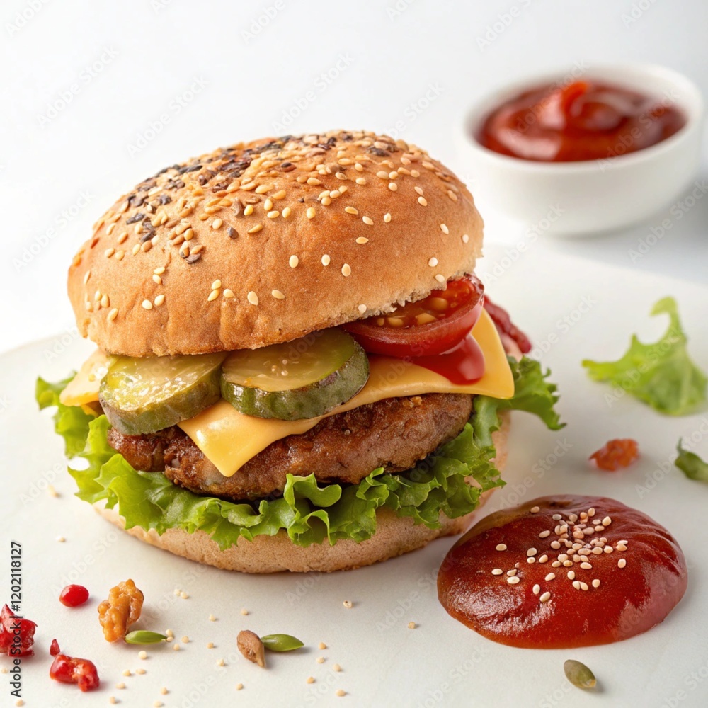 A chicken meat burger and sauce with lettuce A chicken meat burger and sauce with lettuce