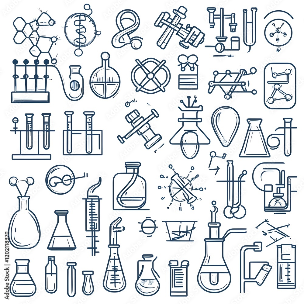 Comprehensive collection of educational science icons featuring detailed line drawings of various chemical apparatus laboratory equipment and scientific symbols Ideal for academic research Comprehensive collection of educational science icons featuring detailed line drawings of various chemical apparatus laboratory equipment and scientific symbols Ideal for academic research