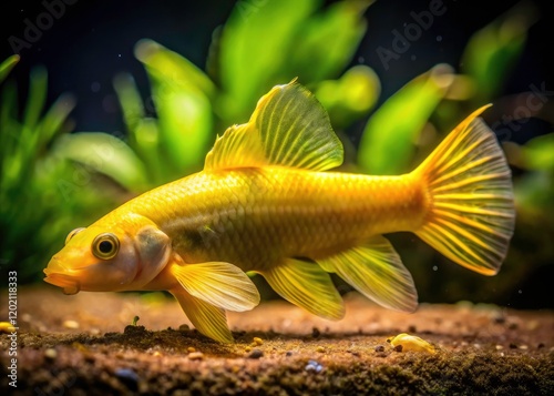 Aquarium's nocturnal scene: yellow algae eater diligently scrubs the tank bottom, fishkeeping at its finest. photo