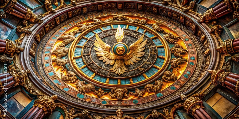 Obraz premium Architectural photography captures a circular shield: heavenly wings, protective detail, symbolic design.