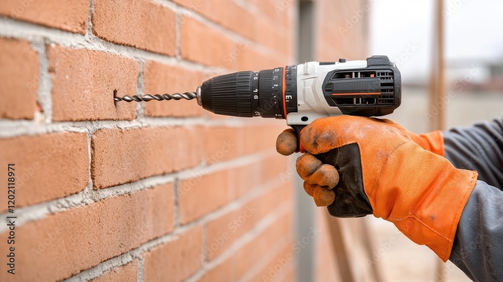 Gloved hand operates a power drill on a red brick wall for construction repairs at the site Gloved hand operates a power drill on a red brick wall for construction repairs at the site