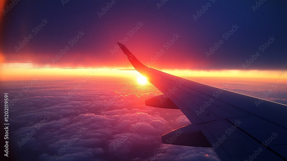 Sunset view from airplane wing, cloudscape, travel