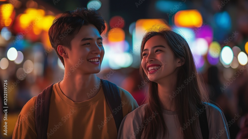 A youthful couple with happy, laughing expressions stroll through a busy night market, eating street food. A youthful couple with happy, laughing expressions stroll through a busy night market, eating street food.