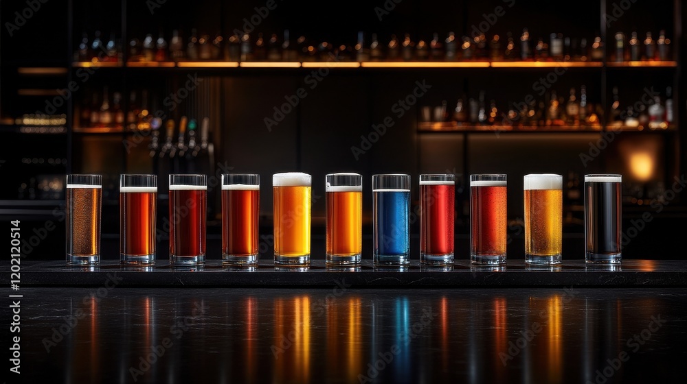 A vibrant lineup of beer glasses in assorted shades on a dark bar counter A vibrant lineup of beer glasses in assorted shades on a dark bar counter