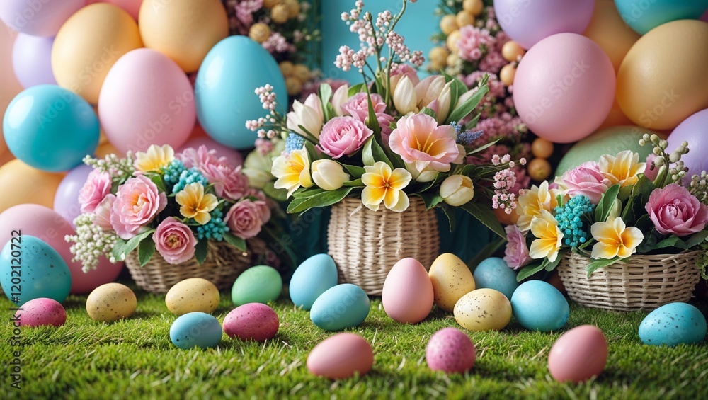 Easter Eggs and Flower Arrangements in Woven Baskets on Green Grass with Pastel Tones Easter Eggs and Flower Arrangements in Woven Baskets on Green Grass with Pastel Tones