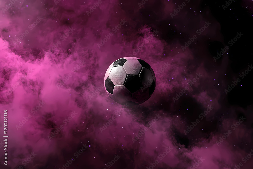 Fototapeta premium Colorful soccer ball floating in a cosmic environment with pink and purple backdrop