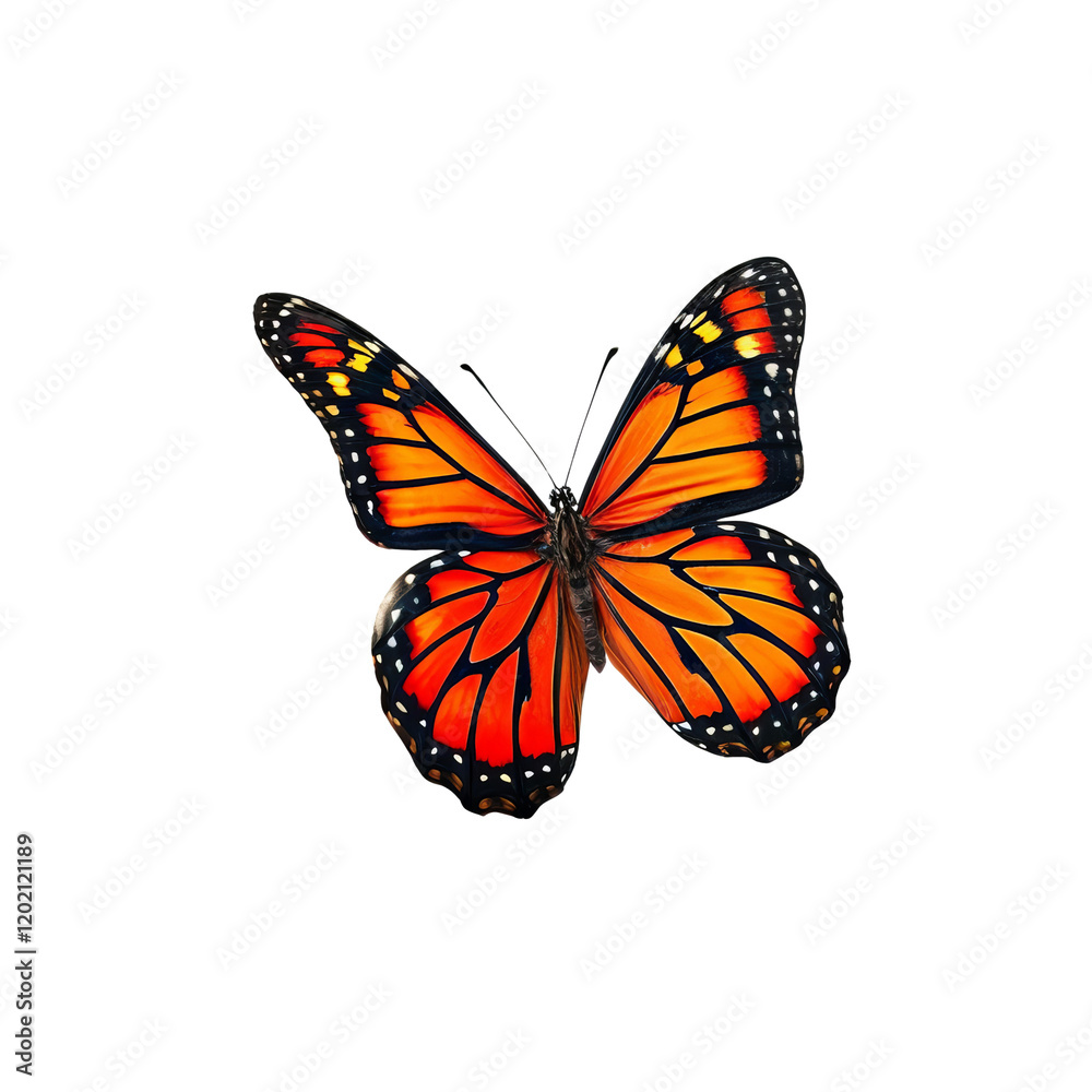 Obraz premium Monarch Butterfly in Flight: A vibrant monarch butterfly with its iconic orange and black wings takes flight, showcasing the intricate details of its pattern and the delicate beauty of nature.