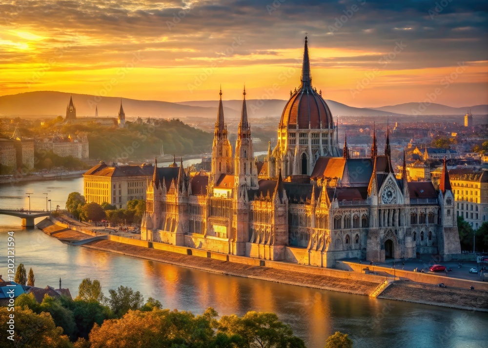 Fototapeta premium Budapest's cathedral, bathed in dawn's glow, stands majestically above the Danube.