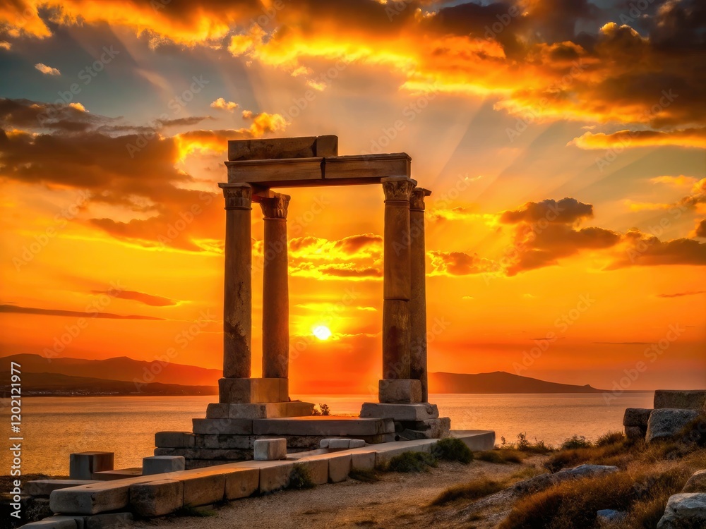 Fototapeta premium Candid sunset shot: Naxos' Portara Temple's silhouette dominates the fiery sky.