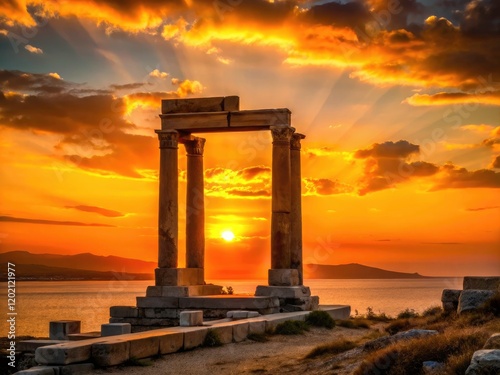 Candid sunset shot: Naxos' Portara Temple's silhouette dominates the fiery sky.