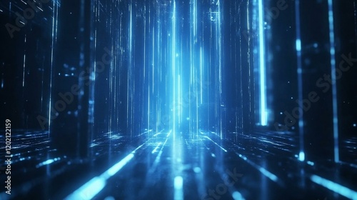 Futuristic glowing blue structure with concentric rings and radiating light streaks  suggesting powerful energy