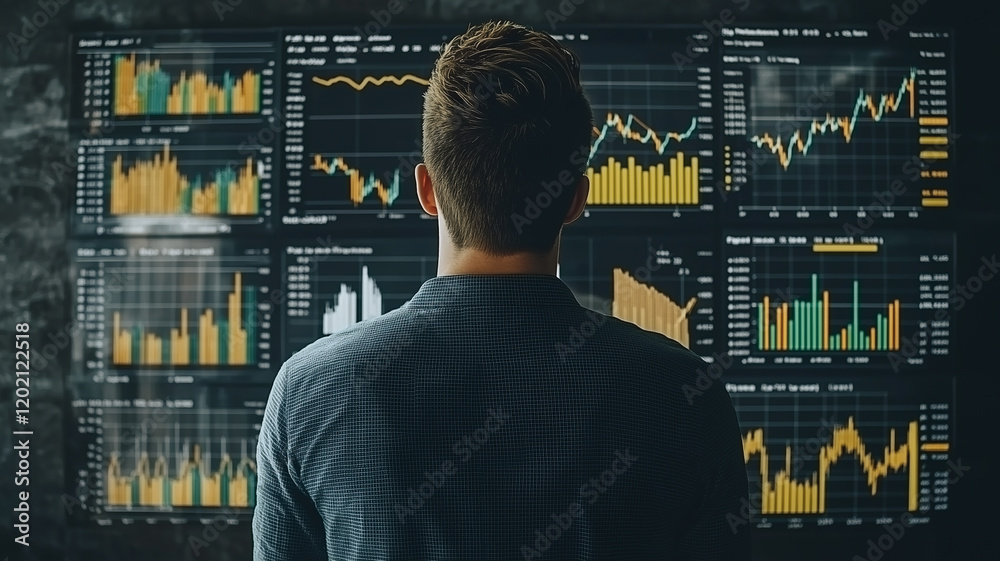 Data Driven Decisions: A businessman stands intently studying a wall of multi-screen monitors, displaying dynamic graphs and financial charts. Data Driven Decisions: A businessman stands intently studying a wall of multi-screen monitors, displaying dynamic graphs and financial charts.
