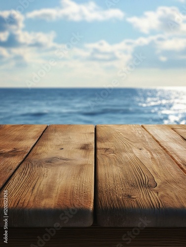 Wooden table edge overlooking a serene ocean under a blue sky with scattered white clouds