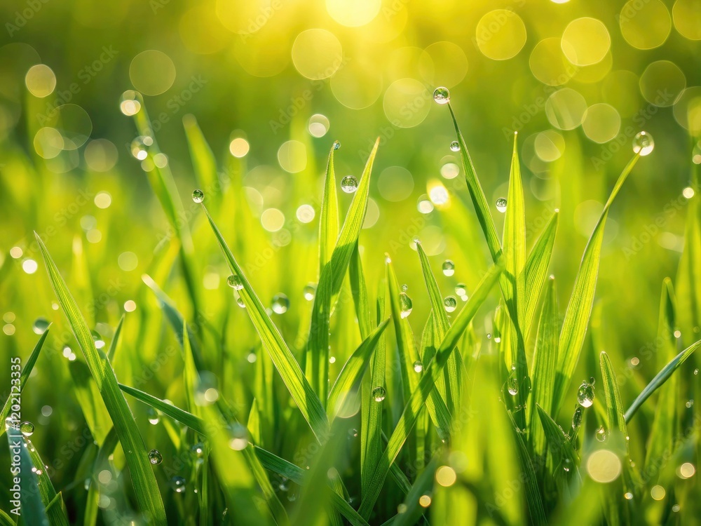 Fototapeta premium Close-up bokeh reveals lush green lawn details, soft focus highlighting individual blades of grass.