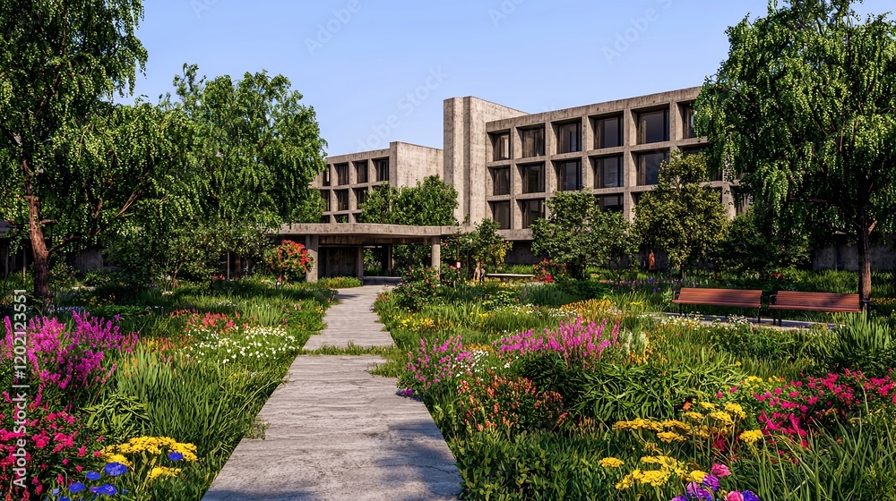 Obraz premium Modern Landscape with Neo-Brutalist Architecture