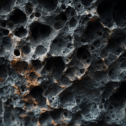 Close-up of porous volcanic rock texture. Dark grey and brown tones. Abstract background.