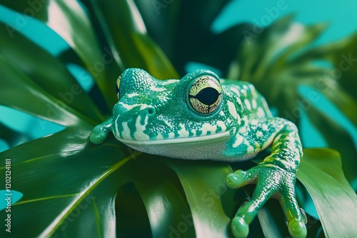 Amazon milk frog resting on vibrant green leaves in rainforest habitat photo