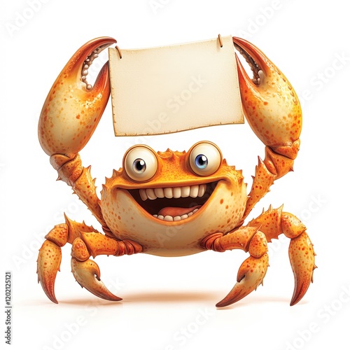 A cheerful cartoon crab holds a blank sign, perfect for creating fun announcements or promotions, This playful image can be used in advertising, children's materials, or social media posts, photo