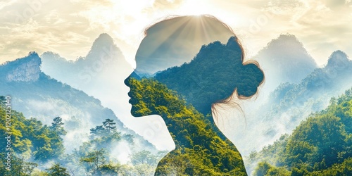 Woman against mountains and trees