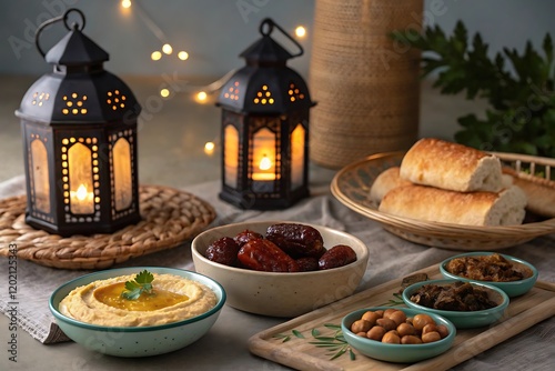 Ramadan Feast with Dates, Hummus, and Bread photo