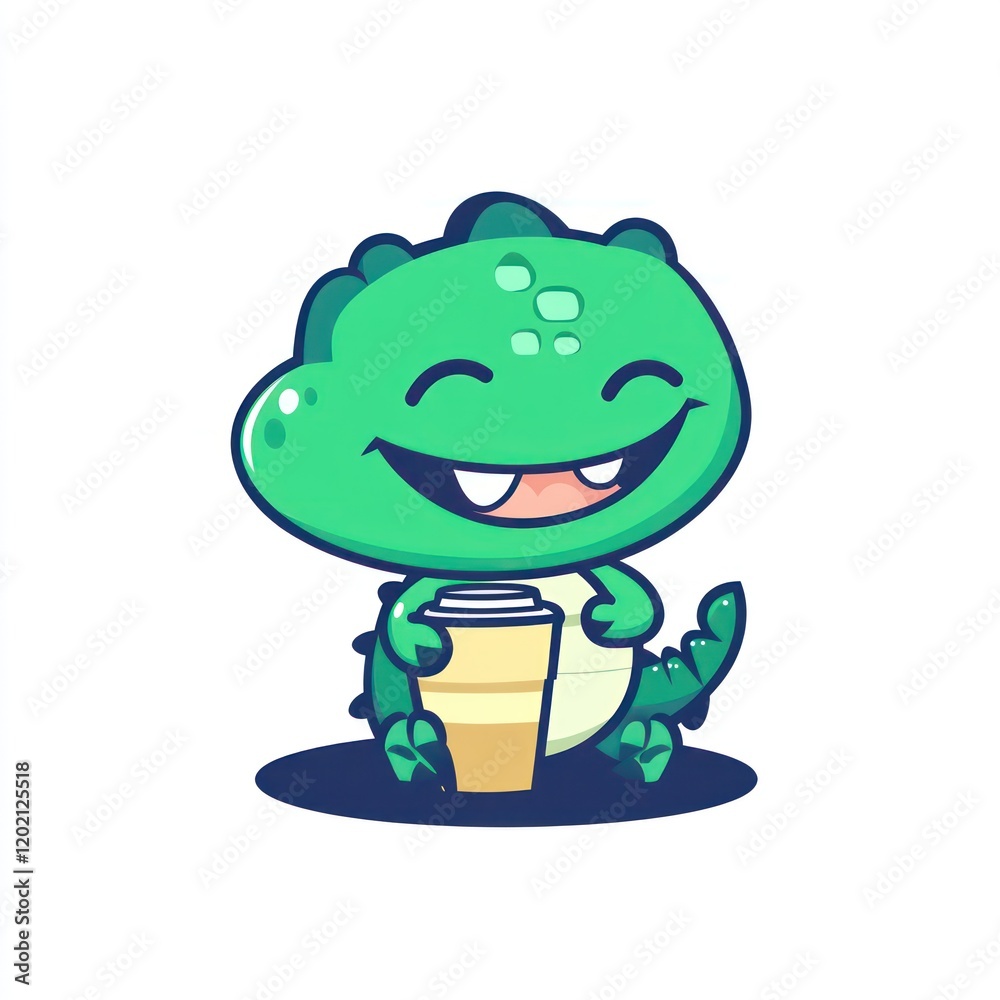 Obraz premium Happy dinosaur enjoying coffee, white background, children's illustration
