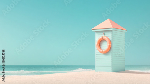 Mint green beach hut with a coral orange lifebuoy on sandy shore, turquoise sea, and clear blue sky. Minimalist coastal scene with copy space. Summer vacation and seaside relaxation concept.