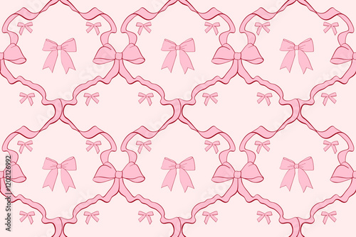 Seamless checkered pattern with ribbon bows. Cute coquette style wallpaper, vintage elegant hand drawn background in pastel colors. Decoration for wedding, Valentine's day, print, gifts, packaging.