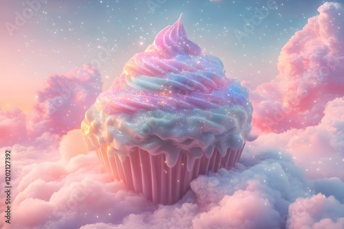 magiczna scena, chmurka, pastelowe kolory, babeczka, iryzujący lukier, błyszczące drobinki, niebo, bawełniany cukier, gradient, różowy, baby blue, gwiazdki, delikatne światło, cudowny, fantastyczny, m