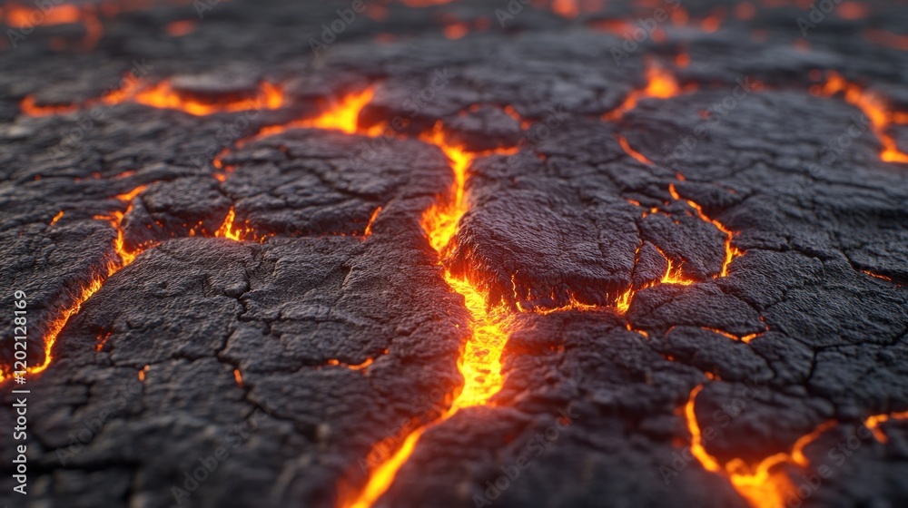 Close-up of cracked volcanic rock with glowing lava. Close-up of cracked volcanic rock with glowing lava.