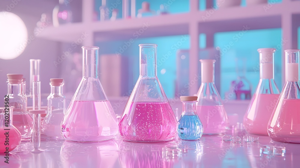 Visually Striking Chemistry Lab Scene Showcasing Pastel Pink and Blue Toned Flasks Beakers and Other Scientific Glassware Filled with Vibrant Colored Solutions Visually Striking Chemistry Lab Scene Showcasing Pastel Pink and Blue Toned Flasks Beakers and Other Scientific Glassware Filled with Vibrant Colored Solutions