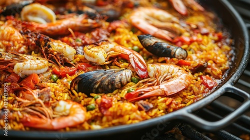 Image of seafood paella with saffron on a rustic serving dish, highlighting vibrant colors and rich flavors. Perfect for festive gatherings and culinary showcases.