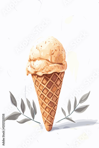 Delicious soft scoop of ice cream in a waffle cone on a white background. Vector illustration