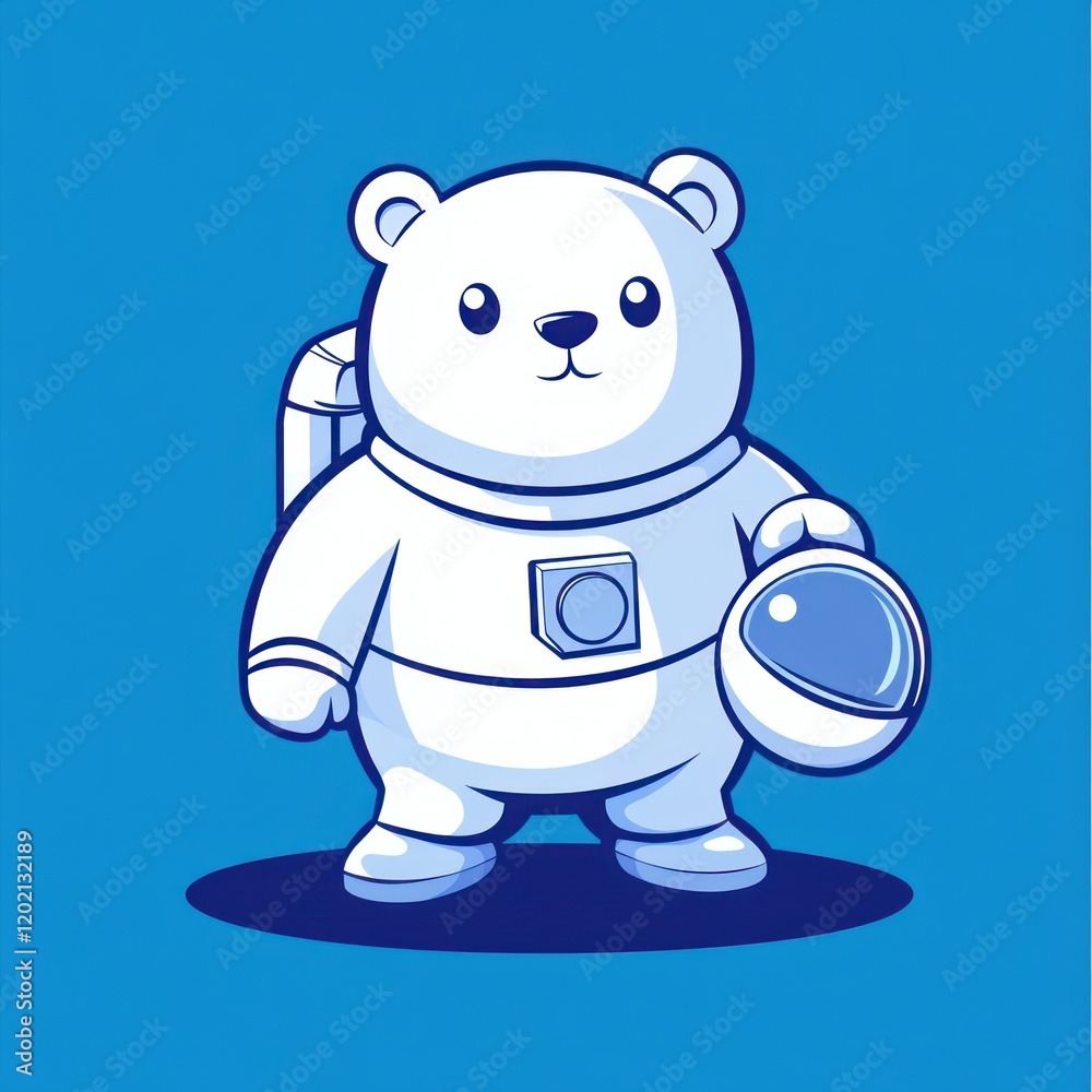 Cartoon bear in space suit holding helmet, on blue background, use for kids products Cartoon bear in space suit holding helmet, on blue background, use for kids products