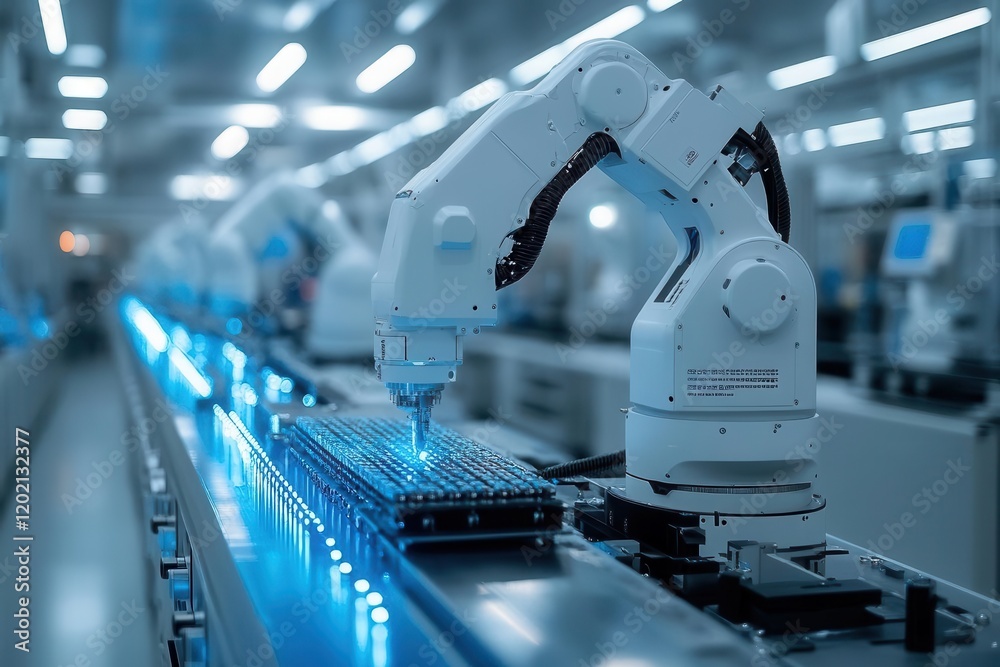 high-tech semiconductor fabrication facility with automated robotic arms, pristine cleanroom environment, and advanced wafer processing systems