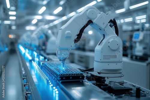 Obraz na płótnie high-tech semiconductor fabrication facility with automated robotic arms, pristine cleanroom environment, and advanced wafer processing systems w salonie