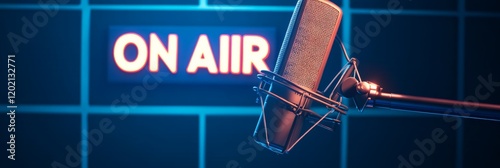 Studio condenser microphone transmitting a live broadcast, illuminated by a vibrant on air sign in a dark recording studio, creating an evocative atmosphere of sound and communication photo