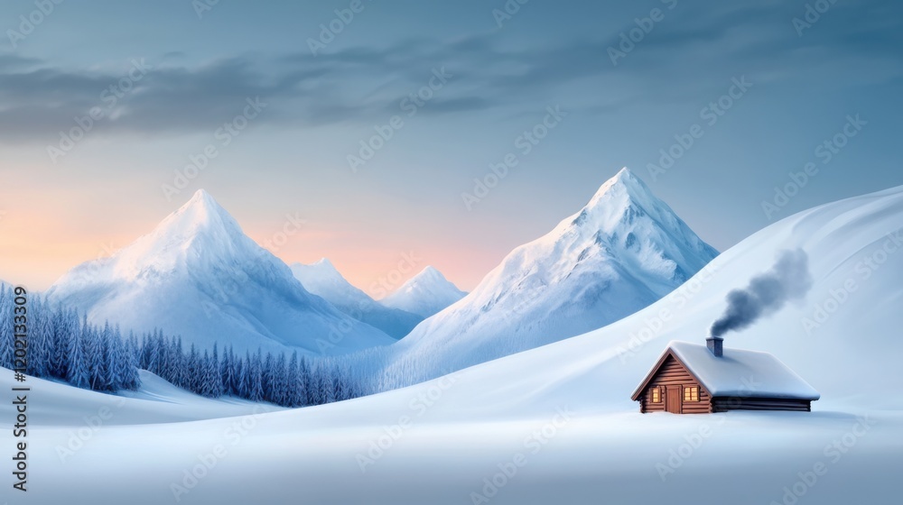 a cozy cabin nestled in a snowy mountain valley, smoke rising from the chimney a cozy cabin nestled in a snowy mountain valley, smoke rising from the chimney