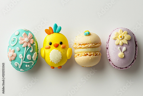 Set of Easter themed sweets collection. Isolated on clear  background. Individual focus, pastel chocolate egg with floral patterns, chick shaped sugar cookie, macaron, carrot cake