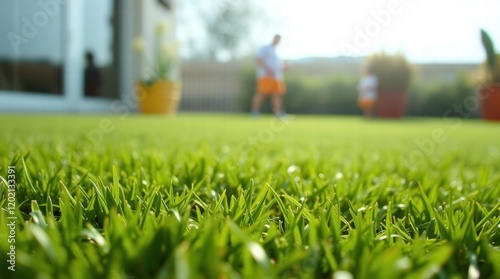Man and a woman are playing frisbee on a lush green lawn