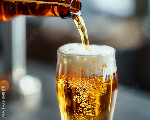 Refreshing pilsner beer being poured into glass, showcasing bubbles and foam. Enjoy crisp taste and golden color photo