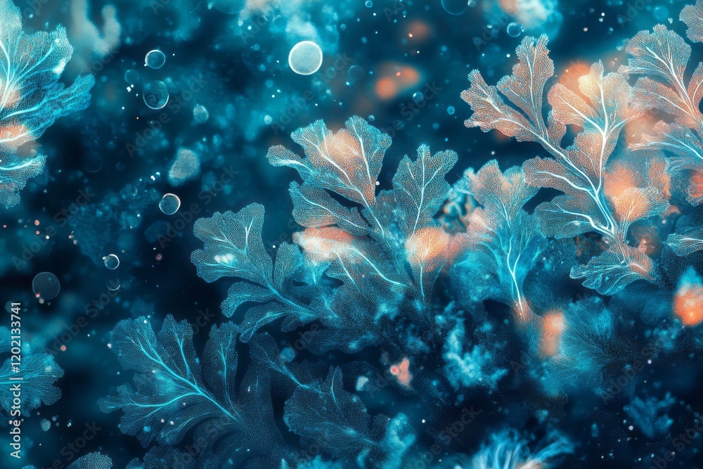 Obraz premium Illuminated Aquatic Plant Life Forms Undersea