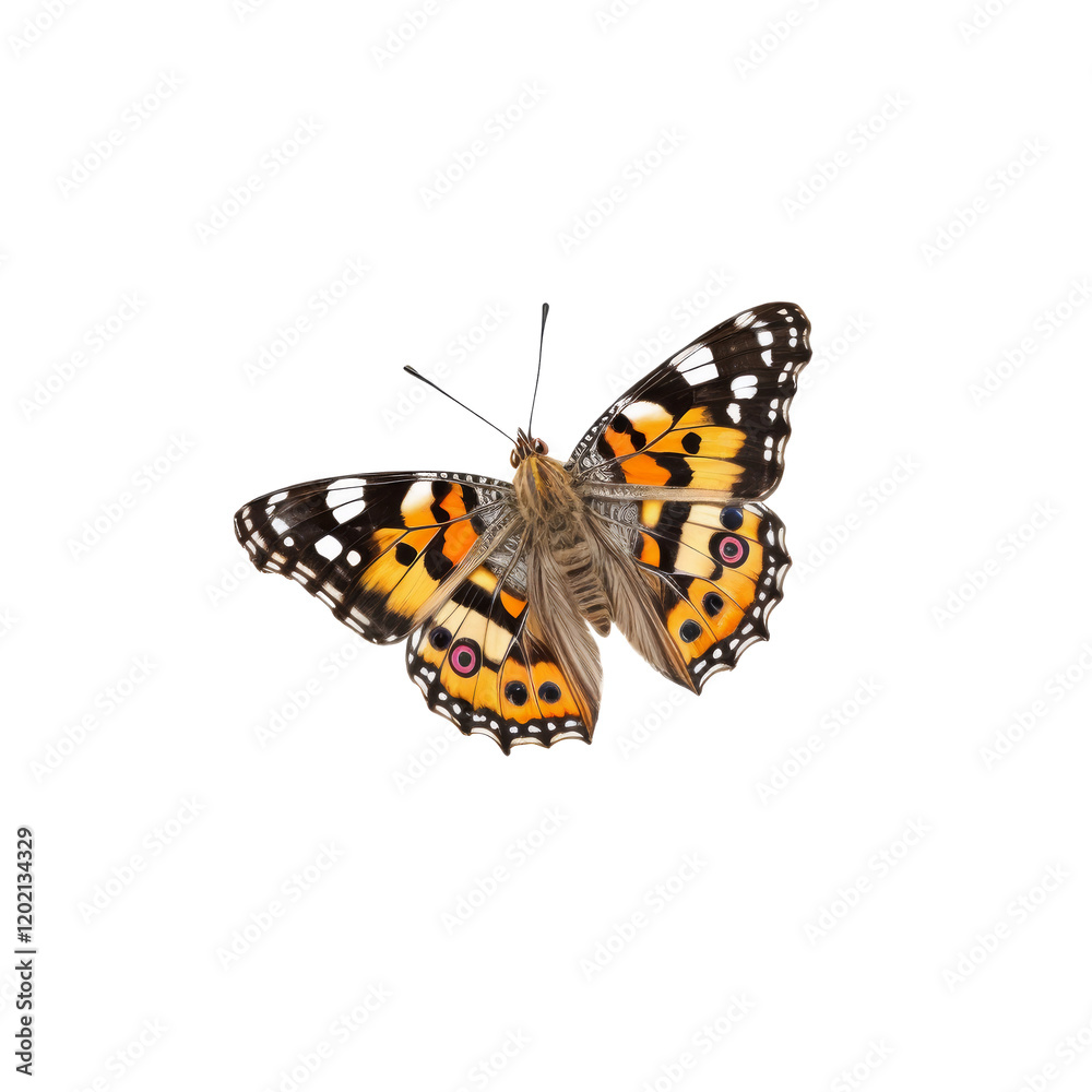 Painted Lady Butterfly: A vibrant Painted Lady butterfly with intricate wing patterns and vivid orange, black, and white coloration, in mid-flight with wings fully extended.