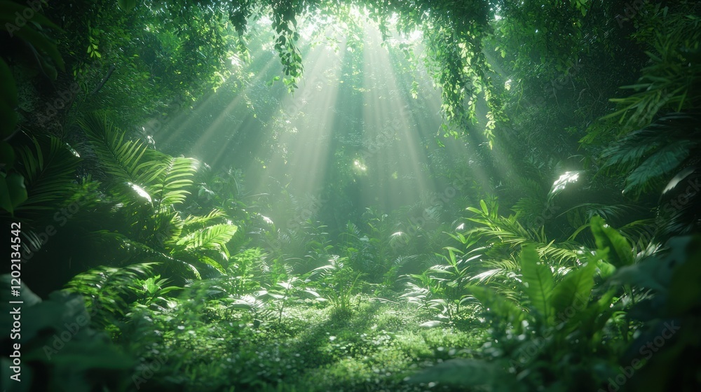 Obraz premium Sunbeams pierce lush jungle path, misty background, nature scene