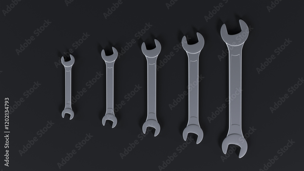 Five wrenches arranged in ascending order of size against a black background. Ideal for illustrating engineering, mechanics, industrial themes. Visual representation of range, scale, or progression. Five wrenches arranged in ascending order of size against a black background. Ideal for illustrating engineering, mechanics, industrial themes. Visual representation of range, scale, or progression.