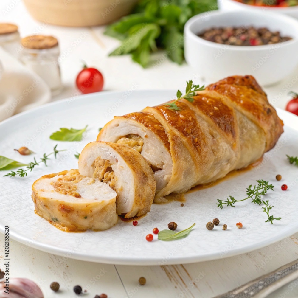 A meat roll and vegetables on a white plate A meat roll and vegetables on a white plate