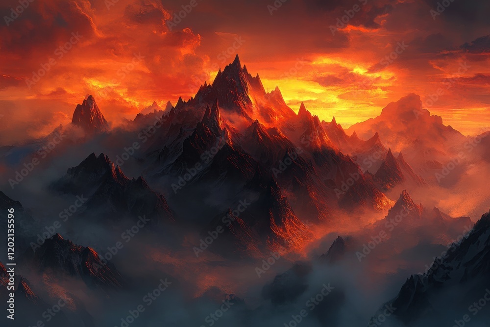 Fototapeta premium Majestic mountain peaks at fiery sunset