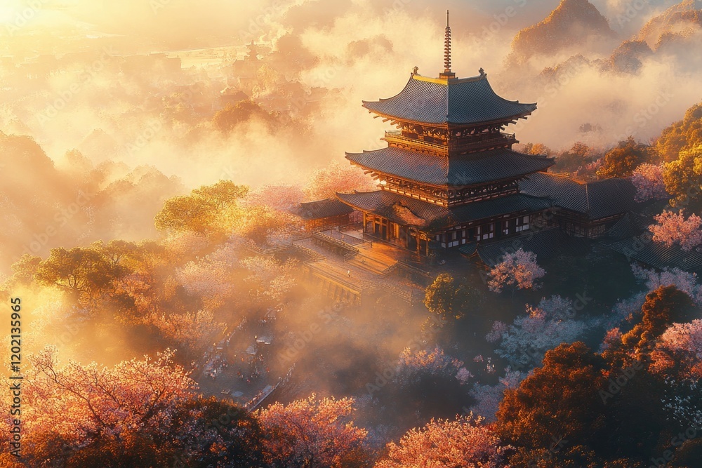 Obraz premium Serene temple emerges from mist, surrounded by blooming cherry b
